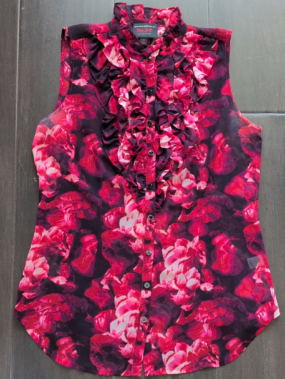 Vintage L'wern Scott Banana Republic Sleeveless Ruffle Front Floral Blouse